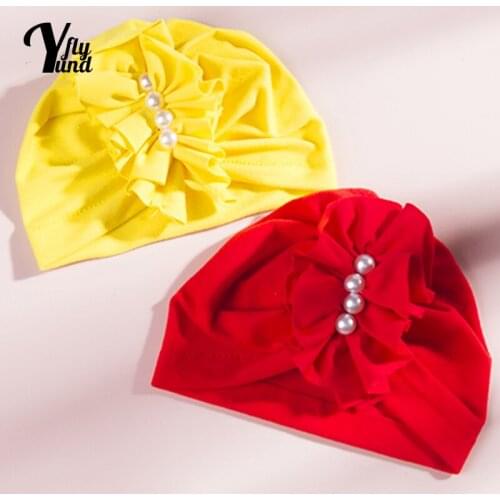 Yundfly Fashion Pearls Flowers Infant Indian Hat Solid Color Handmade Folded Floral Baby Caps Soft Knitting Cotton Kids Headwear