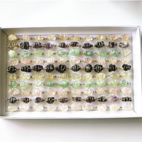 4pcs Fashion Crystal Rings Natural Rock Mineral Quartz Stone Women Rings Resizable Healing Amethysts Fluorite Crystal Rings