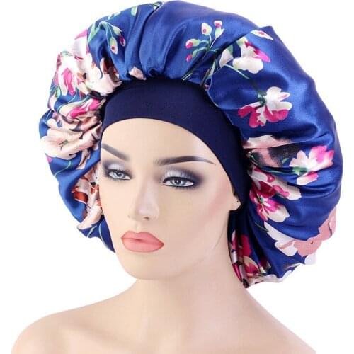 New Women Big Size Beauty Floral Print Satin Silky Bonnet Sleep Night Cap Head Cover Bonnet Hat for Curly Springy Hair Protector