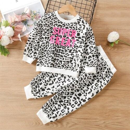 New Girls Autumn Leopard Print Top + Trousers Two Piece Suit Childrens Clothing