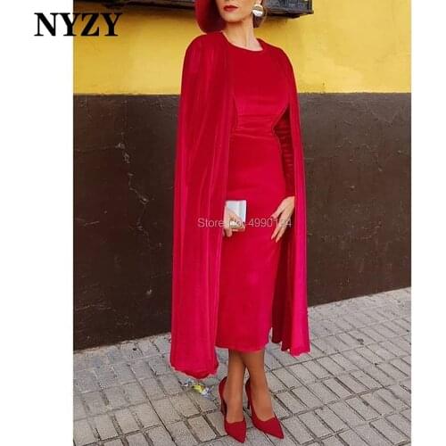 NYZY C252 Robe Cocktail Red Gown Cape Cloak Long Sleeves Velvet Red Evening Dress Short 2020