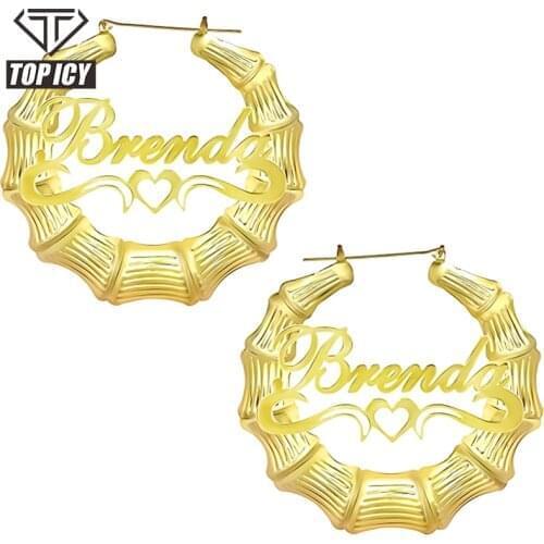 Personalized Letter Custom Name Stainless Steel Name plate with Heart underline Earring Bamboo Circle Hoops