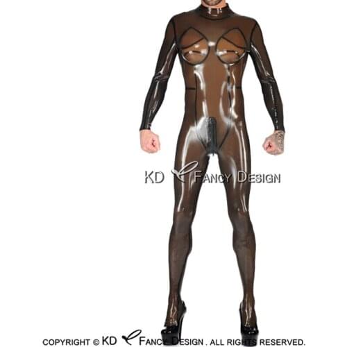 Transparent Black Sexy Latex Catsuit With Stripes Back To Front Crotch Zipper Rubber Bodysuit Overall Zentai Body Suit LTY-0246