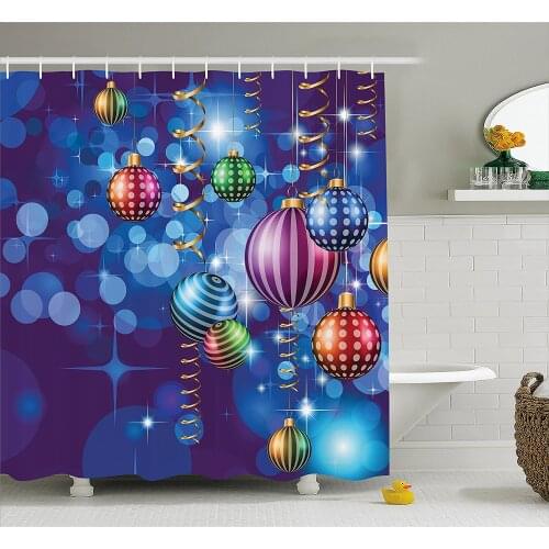 Christmas Shower Curtain Happy New Year Party Celebrations with Swirling Ornaments and Balls Festive Print Bath Curtains