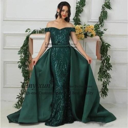 Sexy Dark Green Mermaid Prom Dresses 2020 Sequins African Formal Evening Dress Party Wear with Detachable Overskirt Prom Dresses