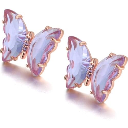 Fashion 316L Stainless Steel White/Purple Cubic Zirconia Butterfly Animal Earrings For Women CZ Crystal Earring E20134