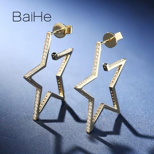 BAIHE Genuine Solid 14K Yellow Gold Trendy Exaggerated Star Earrings Real Diamond Stud Earrings Women Cерьги christmas Gift