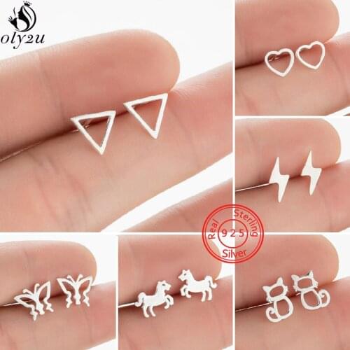 Real 925 Sterling Silver Stud Earrings for Women Geometric Horse Triangle Butterfly Earring Girls Bride Jewelry Prevent Allergy