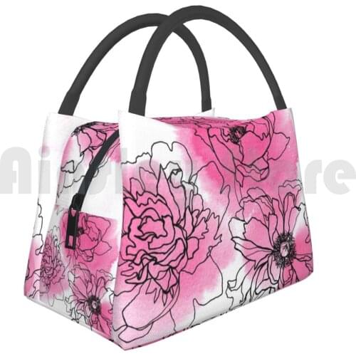Cooler Lunch Bag Picnic Bag Peony Peony Flower Floral Blossom Pink Black And White Graphic Ink Petal