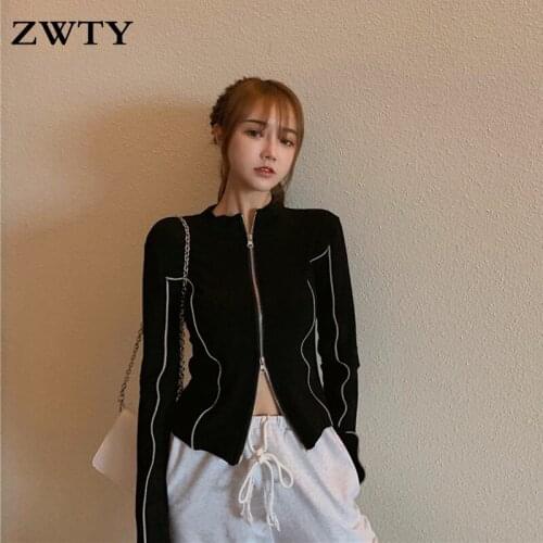 ZWTY Reflective Short Coat Women 2021 Spring New Wild Slim Double Zipper Sports jacket Top Hip Hop Long Sleeve Jacket Outwear