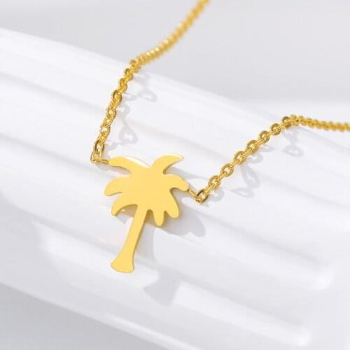 Summer Style Gold Color Palm Tree Pendant Necklace Women Men Tropical Jewelry Stainless Steel Boho Chain Charm Coconut Collares