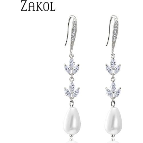 ZAKOL Wedding Party Classic Water Drop Pearl Dangle Earrings for Women Elegant Crystal Earrings FSEP2400