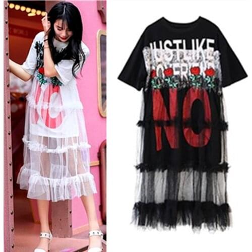 Fashion Women T-shirt Summer High Street Letters Print Harajuku Lace T Shirt Embroidery Rose Appliques Ruffles Long Tees CC068