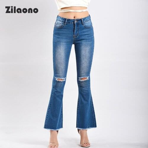Women Large Size Jeans 2021 Autumn Classic High Waist High Elasticity Relaxed-fit Hole Raw Hem Denim Flare Pants
