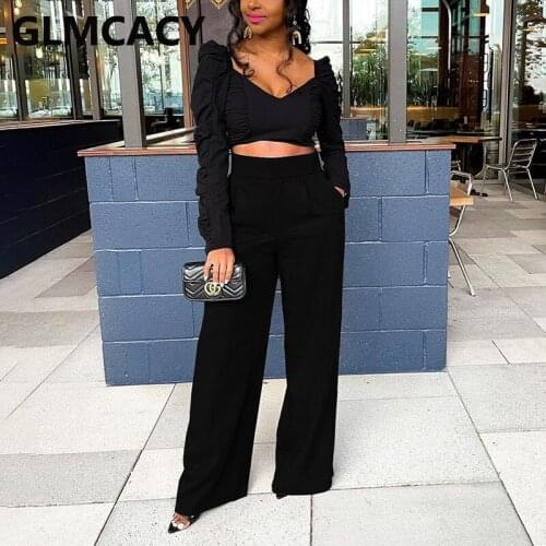 Women Two Piece Chic Suits Puff Sleeve Crop Top & Loose Pants Set