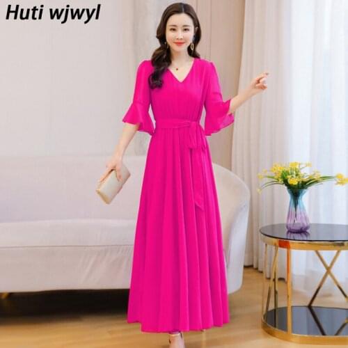 Women Red Chiffon 4XL Plus Size Beach Vacation Maxi Dress 2021 Summer Solid Vintage Midi Sundress Bodycon Elegant Party Vestidos