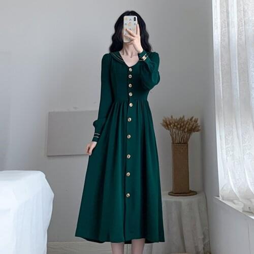 Autumn Vintage Sailor Collar Women Button Up Long Dress Long Sleeve High Waist Slim Party Dress Delicate Preppy Cosplay Costumes