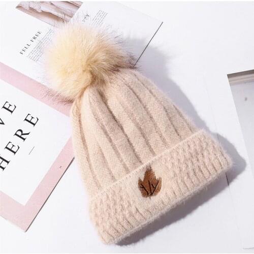 Winter Adult women double layer thick rabbit fur knitted beanies hat Fluffy pompoms skullies caps bone gorros
