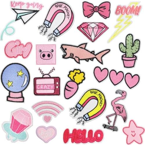 100pcs/lot Embroidery Patch Pink Diamond Love Bow Magnet Shark Crystal Ball Cactus Alarm Flamingo Clothing Decoration Applique