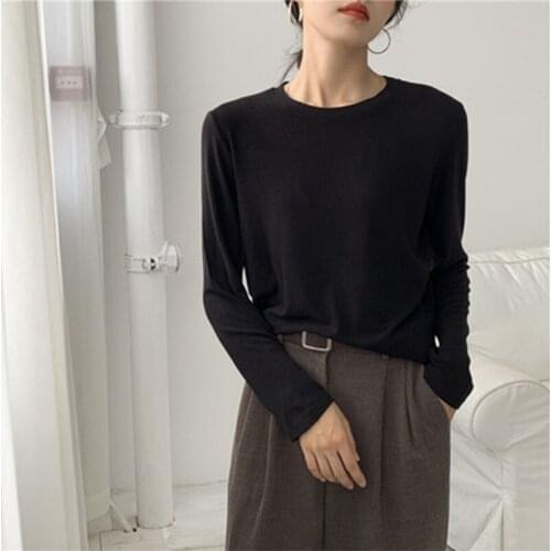 2021 Basic Thin Casual T-Shirt Long Sleeve Korea Elastic Cotton Knit Top Women School Girl Autumn Winter Russia Fashion T-Shirt