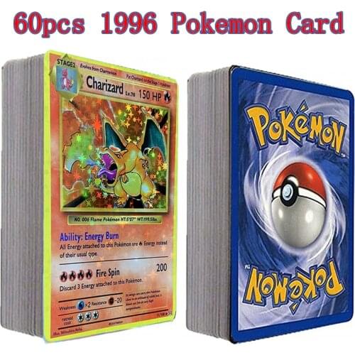 60pcs Pokemon 1996 Years Flash Card Box Case Charizard Pikachu Mewtwo Display Playing Game Pokémon English Shining Card Kids Toy