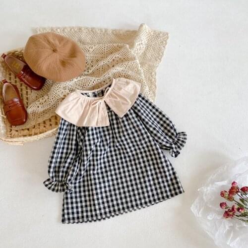 New Spring 2021 Ruffles Blouse Dress for Toddler Girls Plaid Clothes Children Long Sleeve School Girl Shirt Kids Tops 1-7 Years
