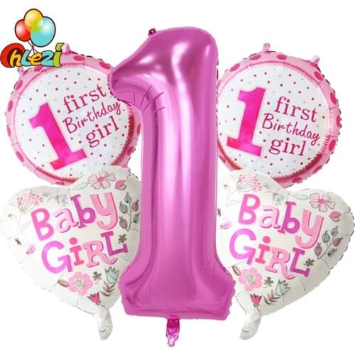 CHLEZI 5 pcs/set Baby 1st Birthday Foil balloons Combination suit pink Blue Number Birthday Party Decorations kids Foil Balloon