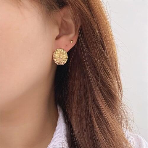 Elegant Gold Color Plating Shineshine Engraved Oval Round Stud Earrings For Women Girl Delicate Textured Jewelry Accessory