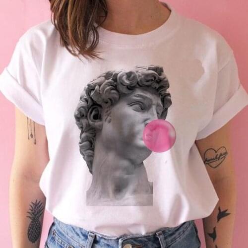 WA50 Womens T-shirt 90s Ulzzang Harajuku Graphic Funny White Drawing David Print T-shirt O Neck Casual Womens Top T-shirt