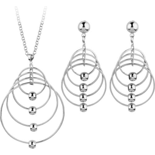 FYJS Unique Silver Plated Metal Layer Circle Hyperbole Style Pendant Stud Earrings Golden Color Jewelry Sets