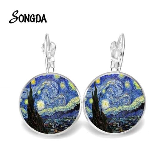 Classic Van Gogh Painting Series Earrings Starry Night Sunflower Art Photo Glass Crystal Earring Delicate Earrings Hook
