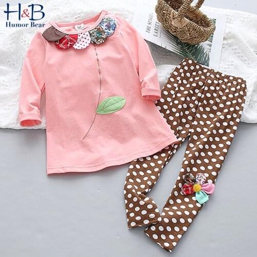 Humor Bear Girls Clothes Set New Spring Autumn Long Sleeve Round Neck T-Shirt +Ploka Dot Printed Pant 2pcs Toddler Casual Clothe
