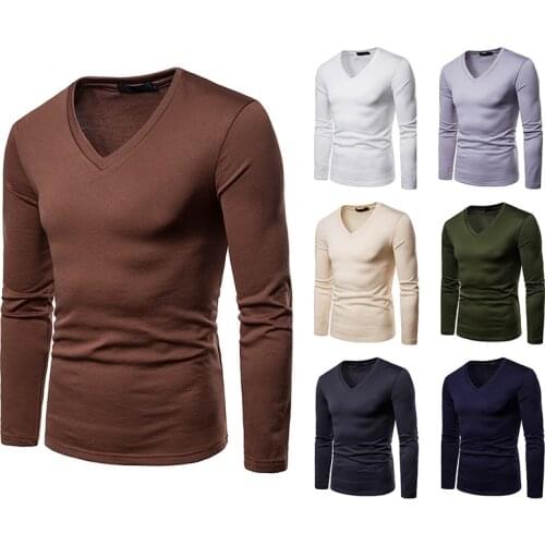 Mens Plush T-shirt Long Sleeve Solid Color V-Neck Pullover T-shirts USA/EU Size Casual Slim Type Warm Tops