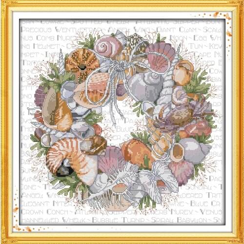 Joy Sunday The Conch Wreath Chinese Cross Stitch Kits Ecological Cotton Printed 14CT 11CT DIY Gift Wedding Decoration For Home