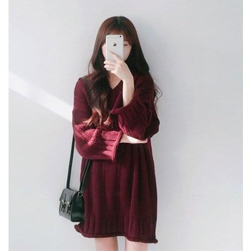 GOOHOJIO 2020 New V-neck Long Sleeve Loose Sweaters Pullover Autumn Elegant Ladies Tops Solid Color Temperament Women Sweater