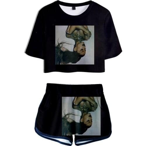 Novelty Ariana Grande Two Piece Set+Short Pants Summer Trendy Women Tshirt Dew navel t-shirt Girl Leisure Sets girl Clothes