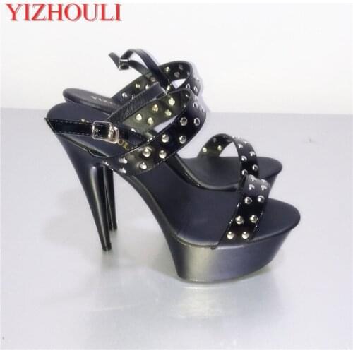 Dazzle beautiful fashion sexy double-row rivets ultra-high black sandals during stage with 15 cm temptation