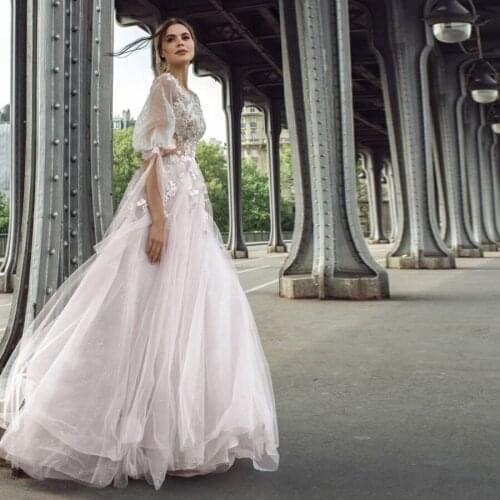 Scoop Puffy Princess Half Sleeves Wedding Dress with Lace Applique Elegant Tulle Bridal Gowns vestidos de casamento