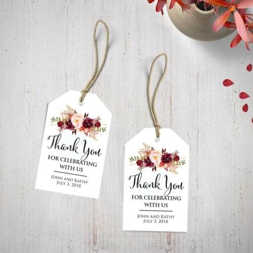 Custom Burgundy Thank You Wedding Gift favors tags Personalized name Wedding Floral Thank You For Celebrating With Us lables