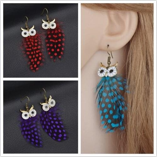 Funny Red Blue Purple Feather Plush Owl Drop Earrings Korean Cute Bird Pendent Earrings for Women Girls Jewelry Gift Wholesale