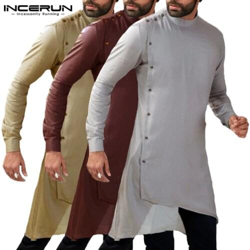 Streetwear Pathani Kurta Suits Indian Clothes Men Dress Shirts Long Sleeve Mandarin Islamic Clothing Kaftan Vented Hem
