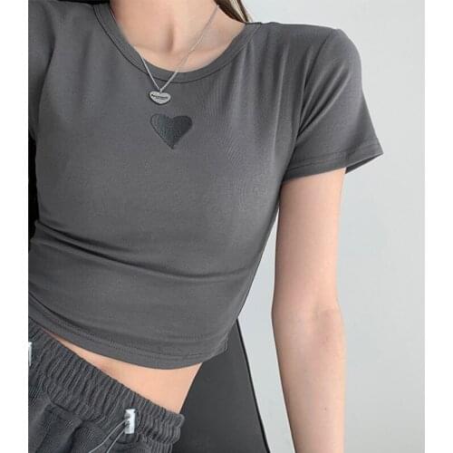WOMENGAGA Women Crew Neck Short Sleeve Slim Bottomed Tops Casual All-match Embroidery Tight T-shirt R32W