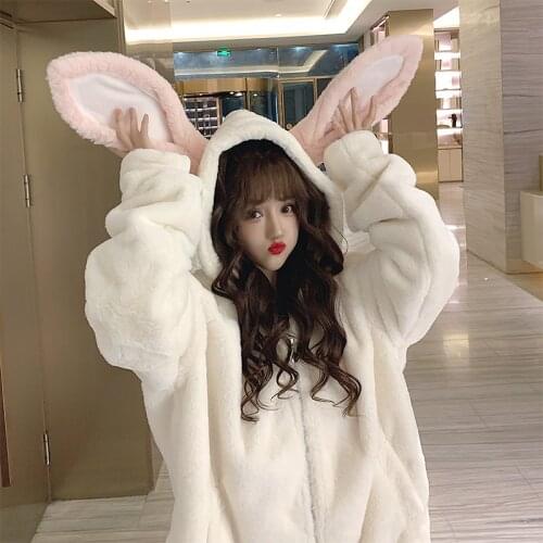 Japanese Winter Gothic Lolita Jacket Sweet Soft Sister Harajuku Rabbit Ears Hoodie Warm Plush Coats Korean Kawaii Hooded Outwear