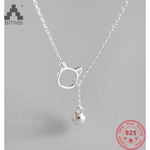 100% S925 Sterling Silver Korean Fresh And Elegant kitten and bell Necklace Silver Jewelry