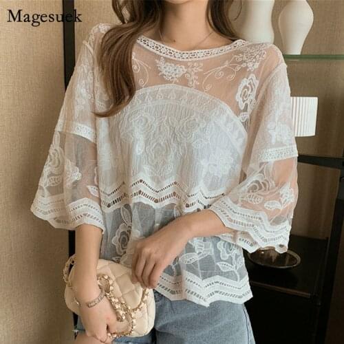 Sexy Hollow Out Stitching Lace Blouse Korean Fashion Lace Women Top 2021 Elegant Female Office Shirt Three Quarter Blouses 13671
