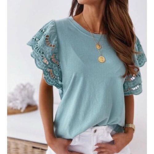 Sexy Lace Patchwork Short Butterfly Sleeve Tops Elegant Embroidery Solid O-Neck Shirts Blouses Summer Women Harajuku Shirt