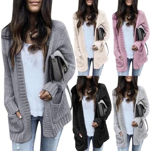 Wholesales Autumn Winter Women Solid Color Long Sleeve Knitted Cardigan Sweater Jacket