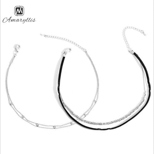 Amaiyllis Elegant Mix Leather Metal Beads layer Clavicle Chain For Women 2 Pieces/4 Rows Choker Necklace Statement Collar Choker