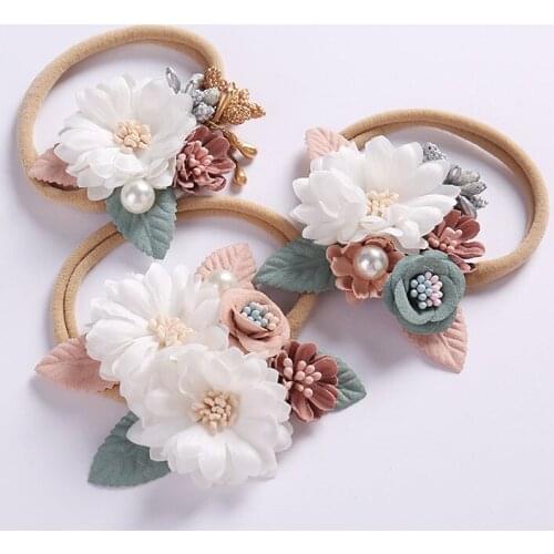 Fashion Artificial Flowers Girls Nylon Head Bands Handmade Newborn Traceless Nylon Headbands Soft Foral Baby Head Wraps 1PCS