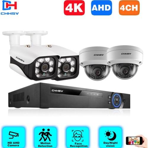4CH 4K Video Surveillance System 6 IN1 H.265+ DVR+ 4pcs 8MP Motion Detection Dome Waterproof Security Cameras CCTV Kit
